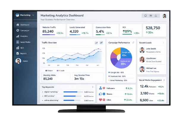 Digital marketing dashboard showing SEO, Google Ads and performance metrics